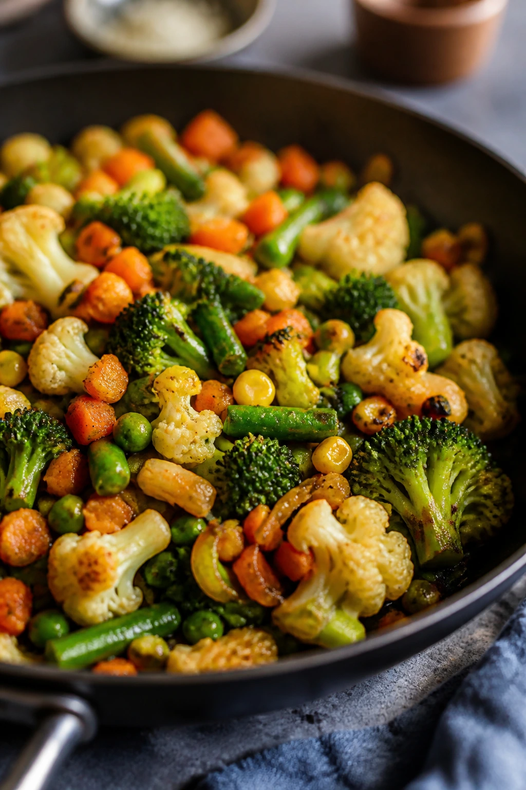 Finished garlicky frozen vegetables in a pan, ready to serve