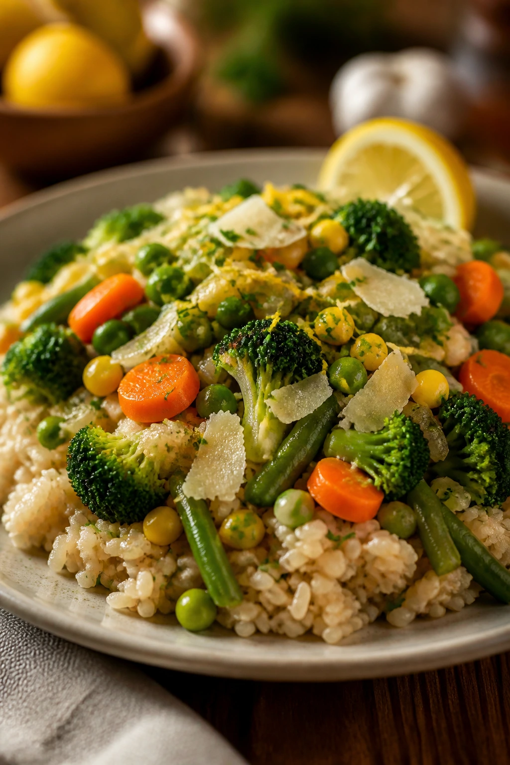 Plated garlicky frozen vegetables over rice with lemon zest and parsley