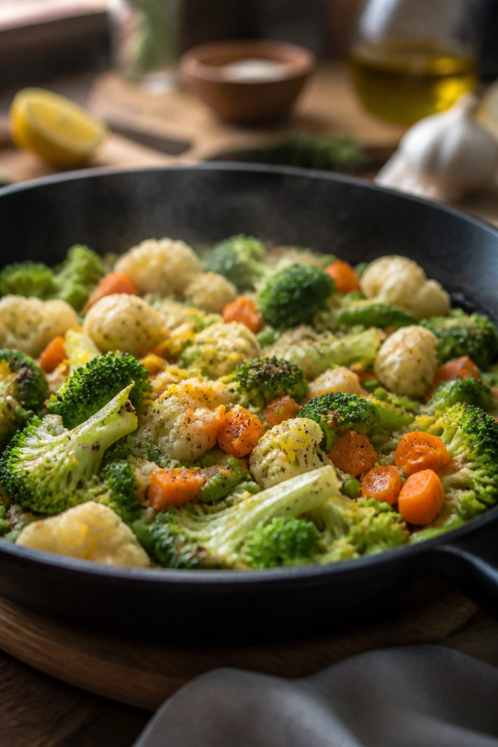 Close-up of garlicky frozen vegetables cooking in a skillet with lemon zest