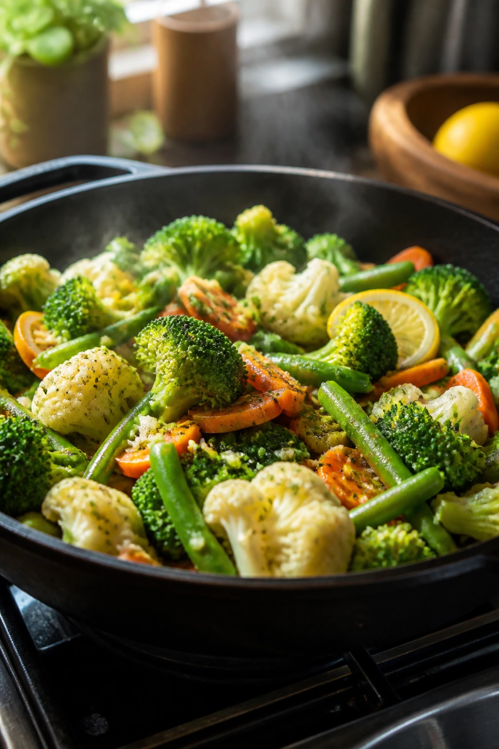 Skillet with garlicky frozen vegetables on a stove in a warm kitchen