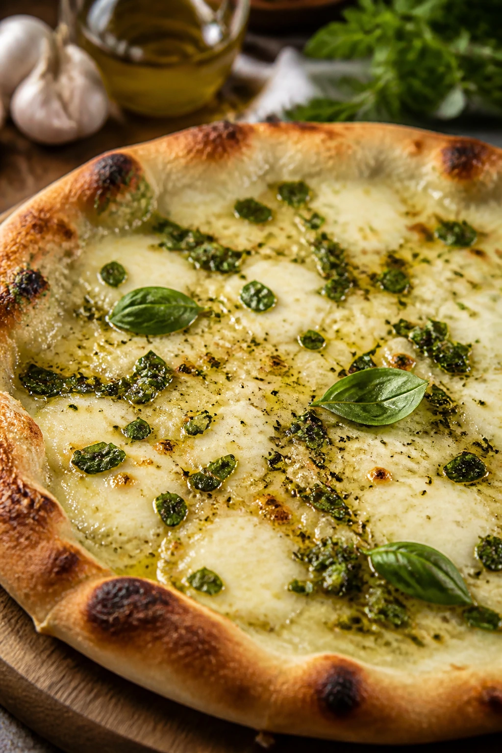 Close-up of garlicky mozzarella and herb pizza on a wooden board