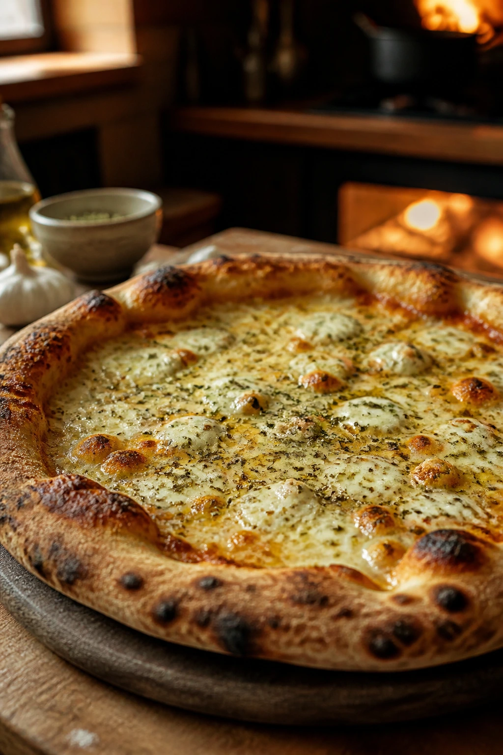 Close-up of rustic garlic-infused pizza on a warm kitchen counter