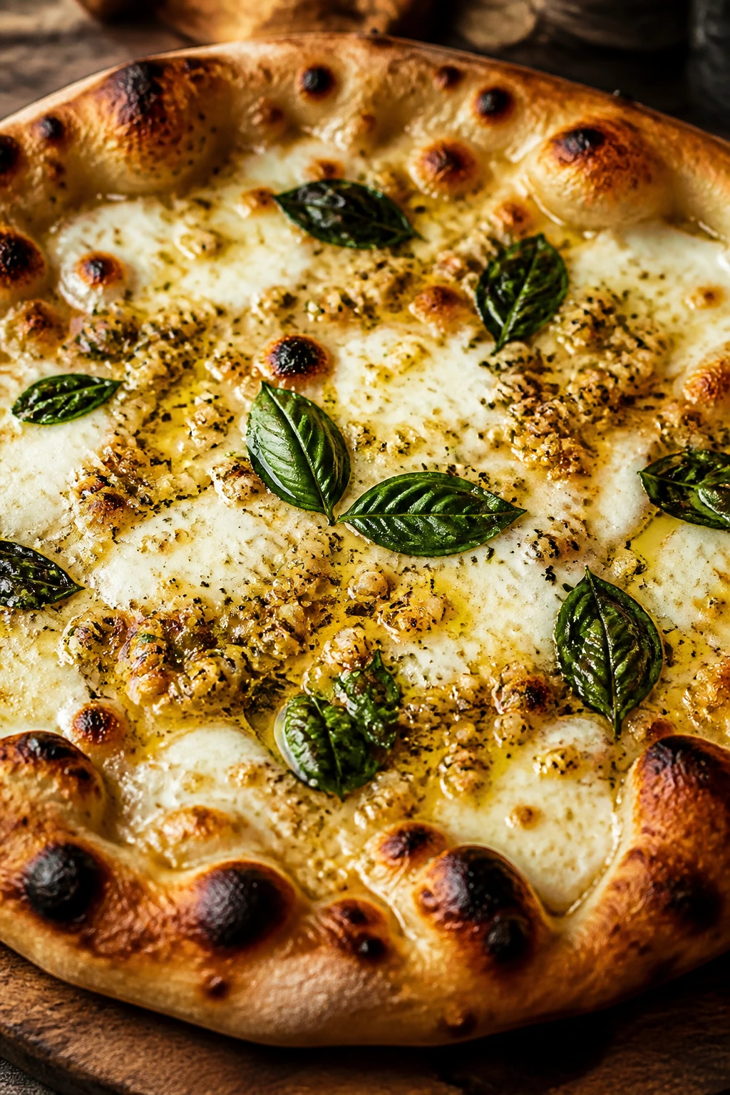 Close-up of garlicky pizza with mozzarella and basil on a wooden board