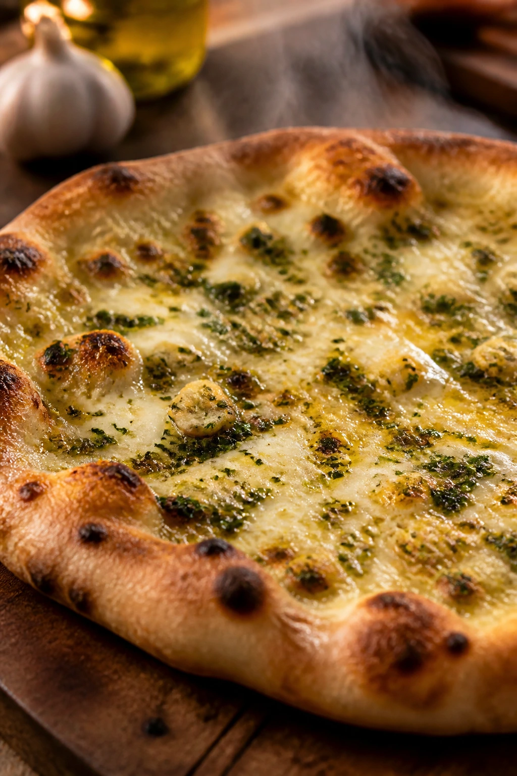 Hot garlicky pizza with melted cheese and herbs on a wooden table