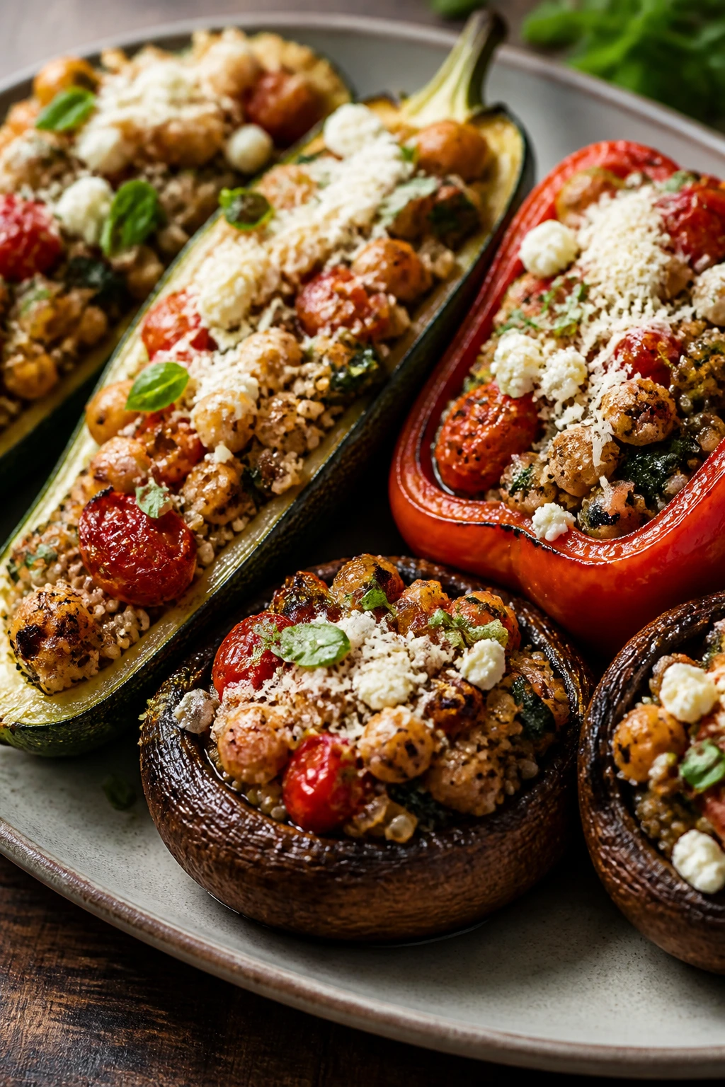 Close-up of stuffed zucchini, peppers, and mushrooms with garlicky filling on a plate