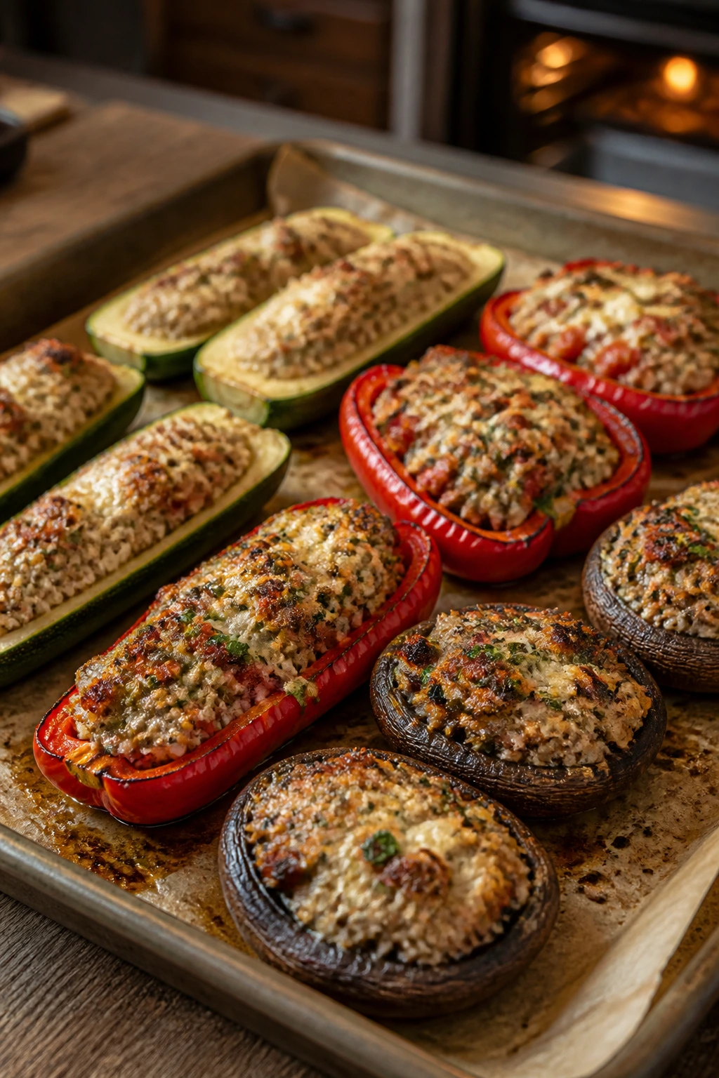 Close-up of a tray of garlicky stuffed vegetables: zucchini, peppers, mushrooms