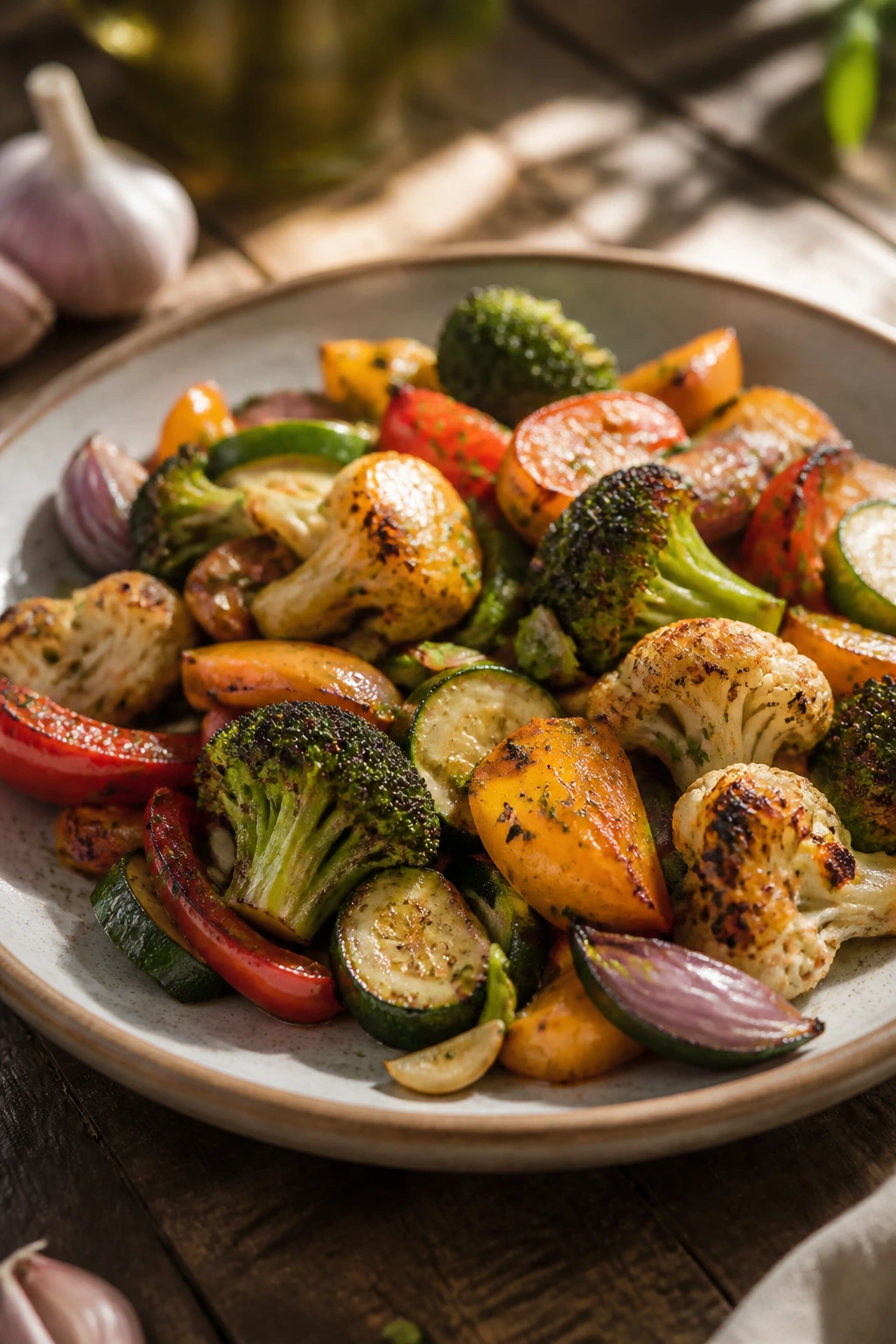 Plate of Garlicky Vegetable Medley with colorful roasted vegetables