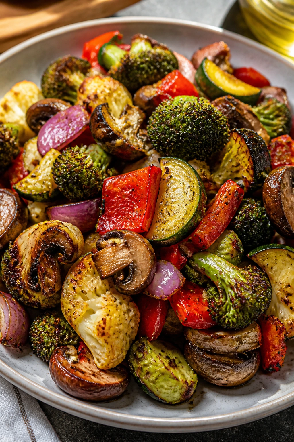 Close-up plate of garlicky air fryer vegetables with bronzed edges