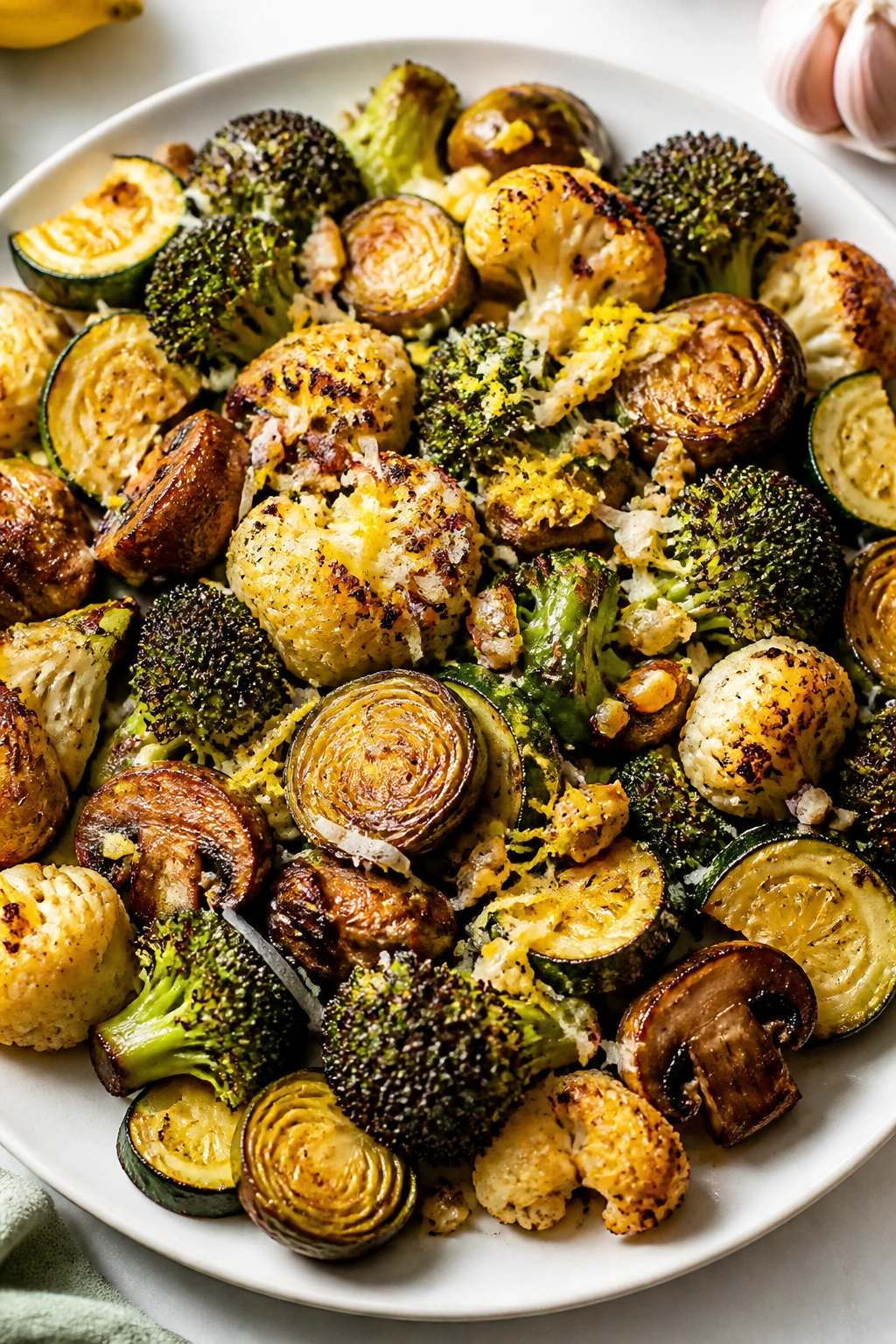 Plate of garlicky low-carb roasted vegetables ready to serve