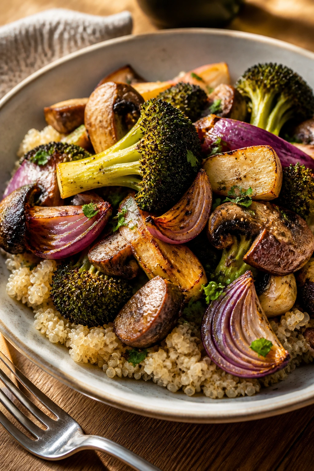 Dinner plate with garlicky air fryer vegetables over quinoa