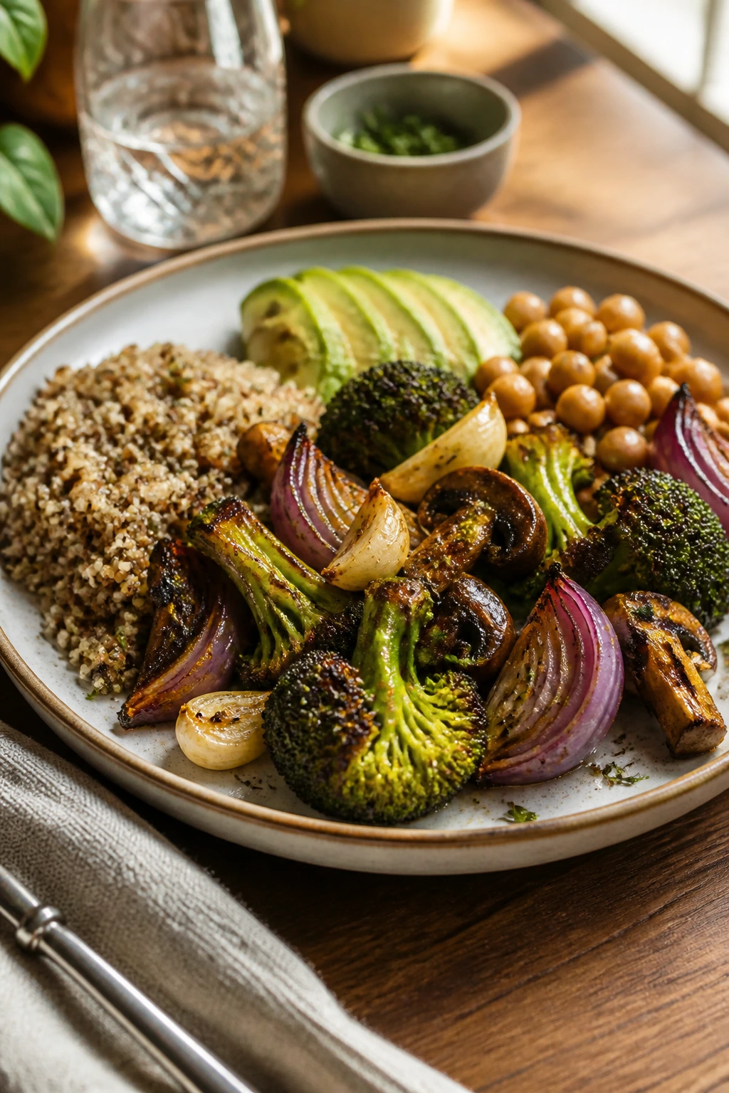 Plated garlicky air fryer vegetables with quinoa as a complete meal
