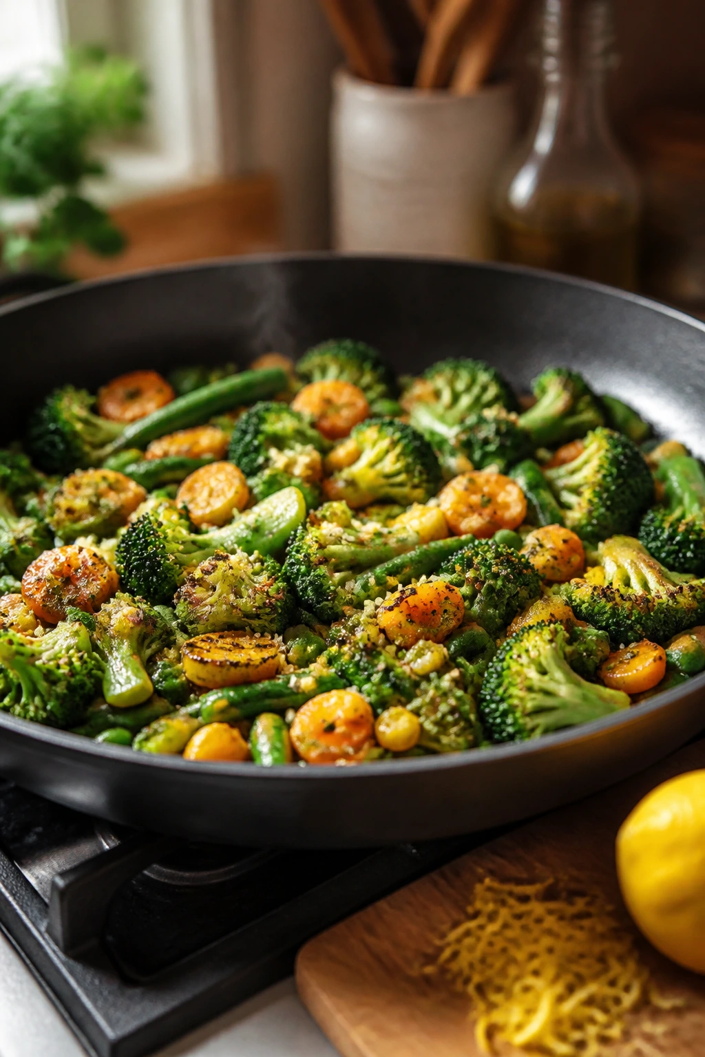 Close-up of garlicky frozen vegetables skillet with browning edges