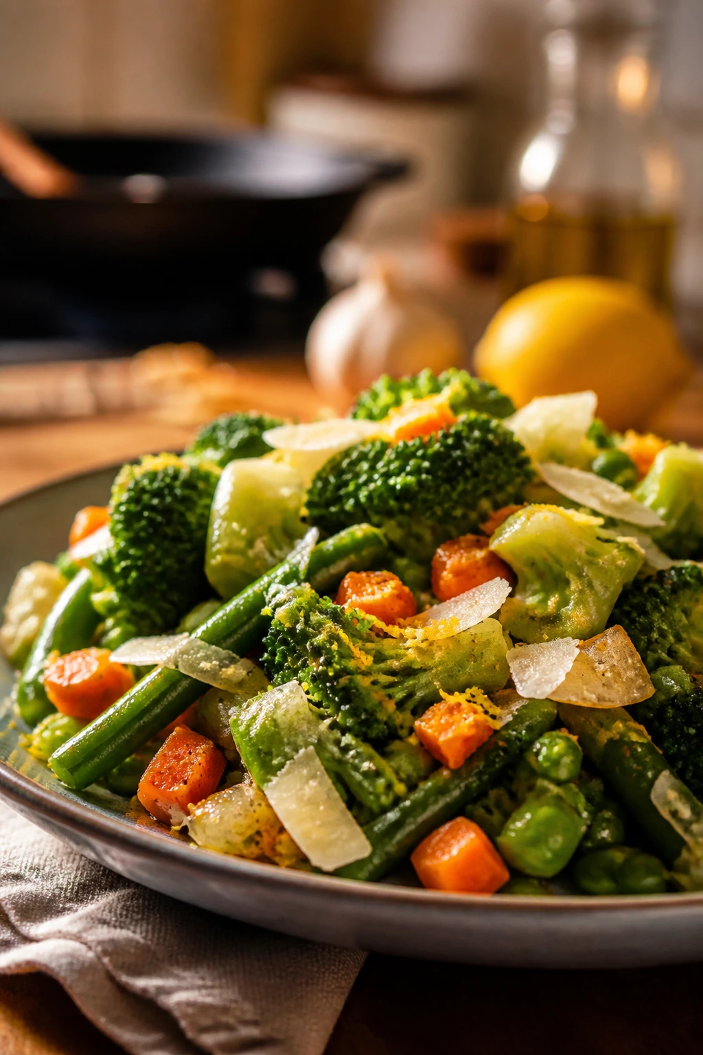 Garlicky vegetables plated with lemon zest and parmesan