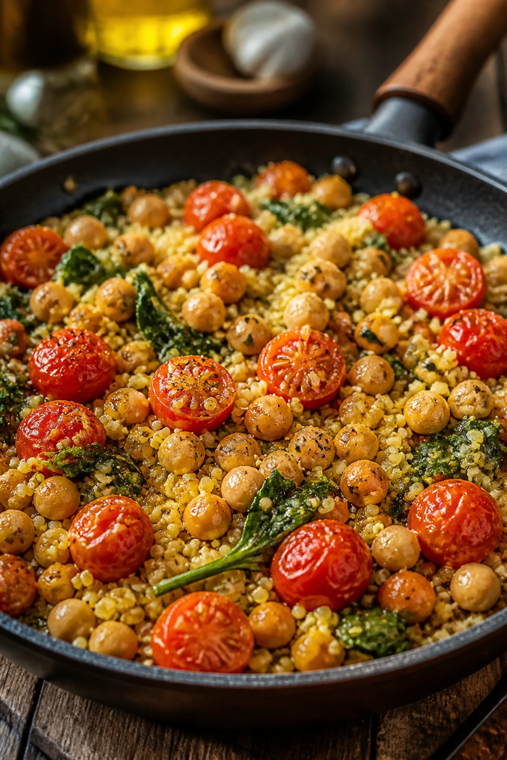 Close-up of garlicky vegetarian skillet with couscous, chickpeas, and tomatoes on a rustic counter