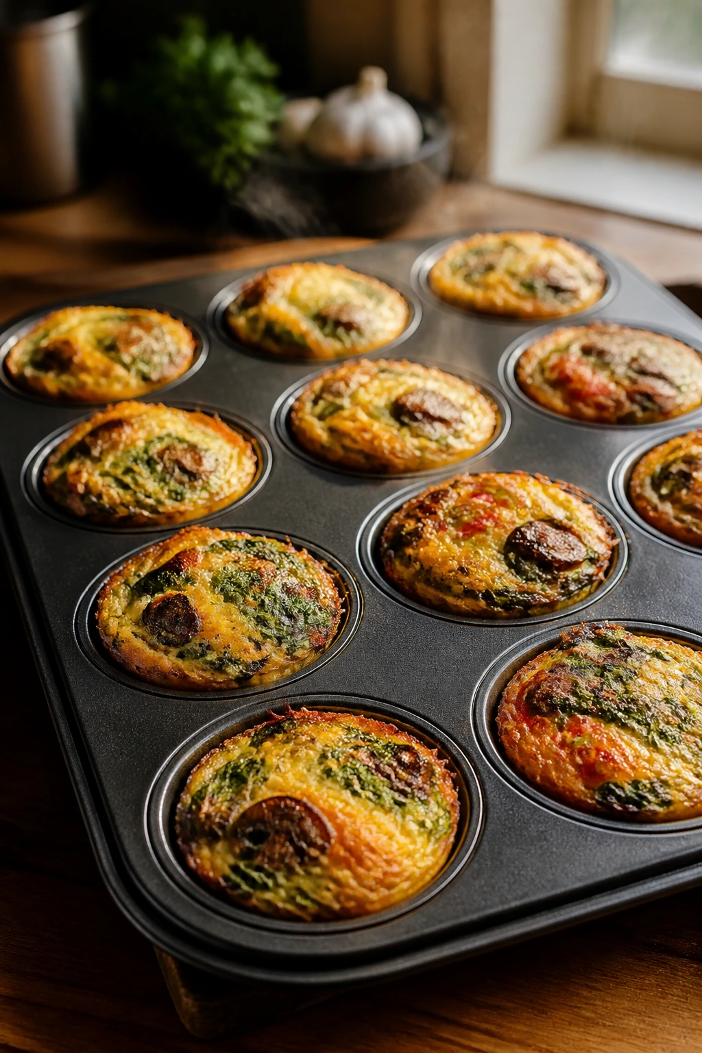 Close-up of golden garlicky veggie cups in a muffin tin on a wooden counter
