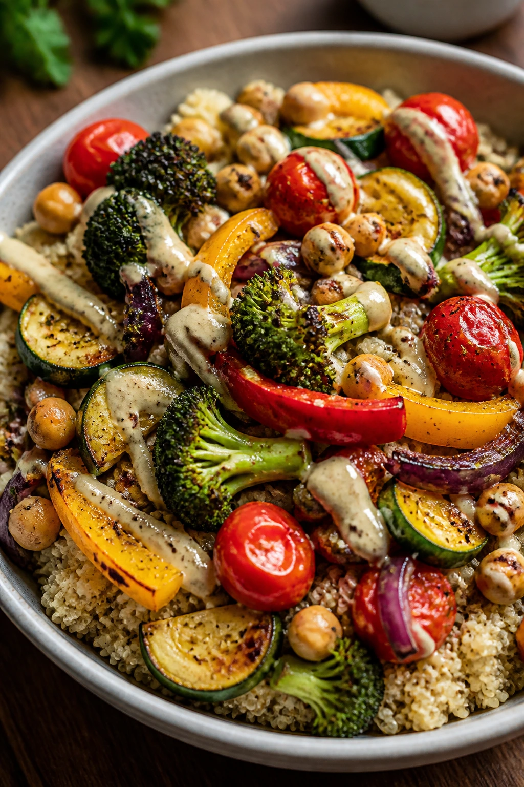 Close-up of a colorful Garlicky Veggie Dinner bowl with broccoli, zucchini, peppers, onion, tomatoes, chickpeas over quinoa and lemon-tahini sauce