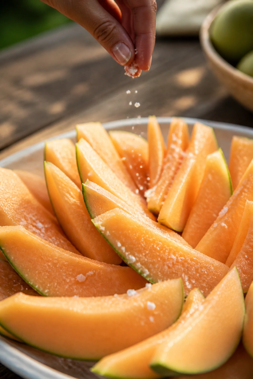 Hand sprinkling flaky salt on melon slices outdoors.