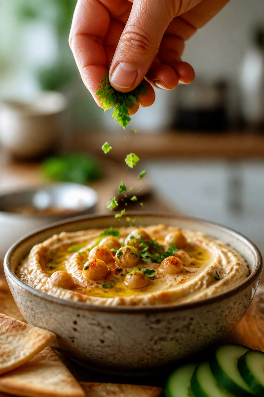 Hand sprinkling parsley over dip to upgrade flavor