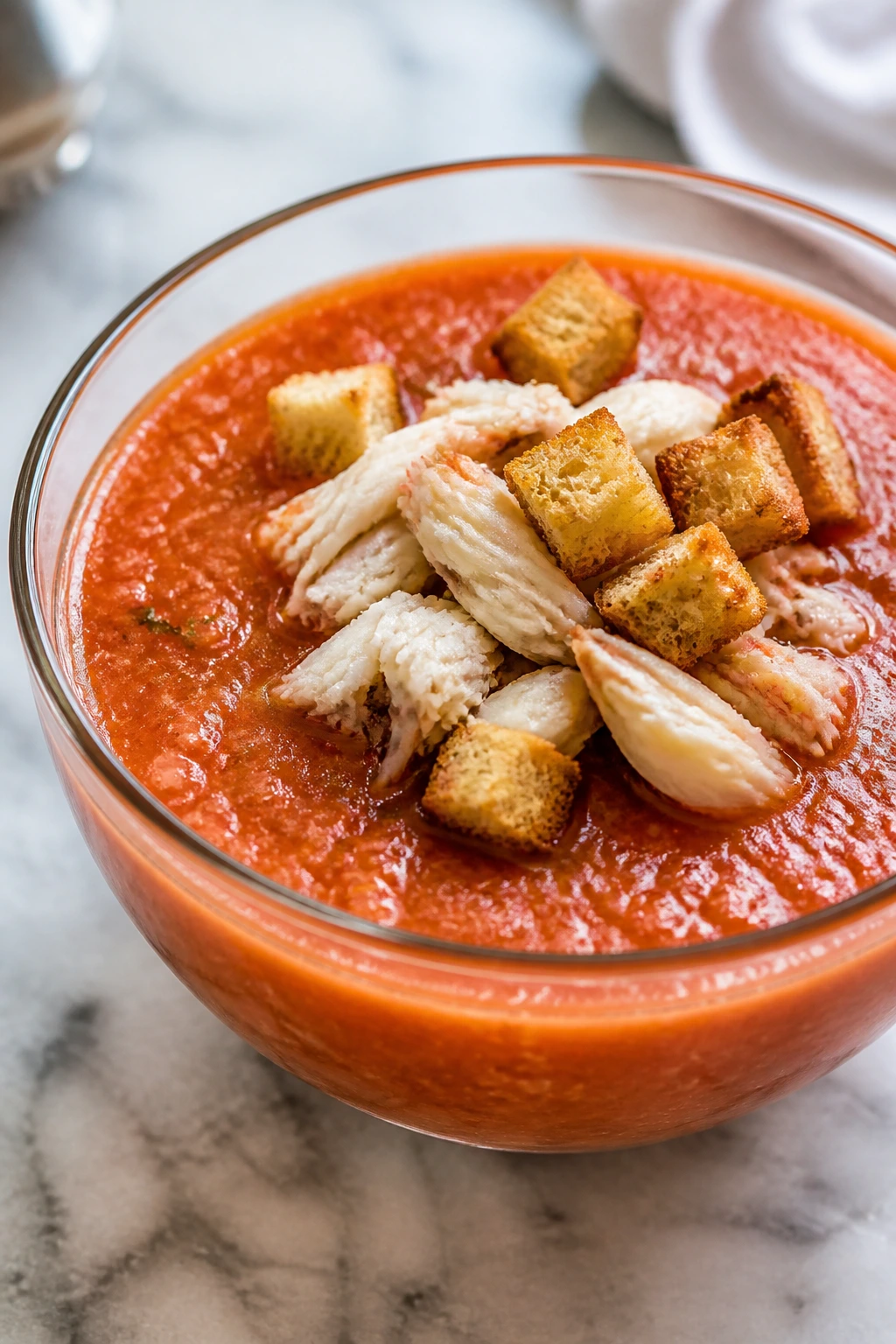 Gazpacho with crab and croutons in a glass bowl