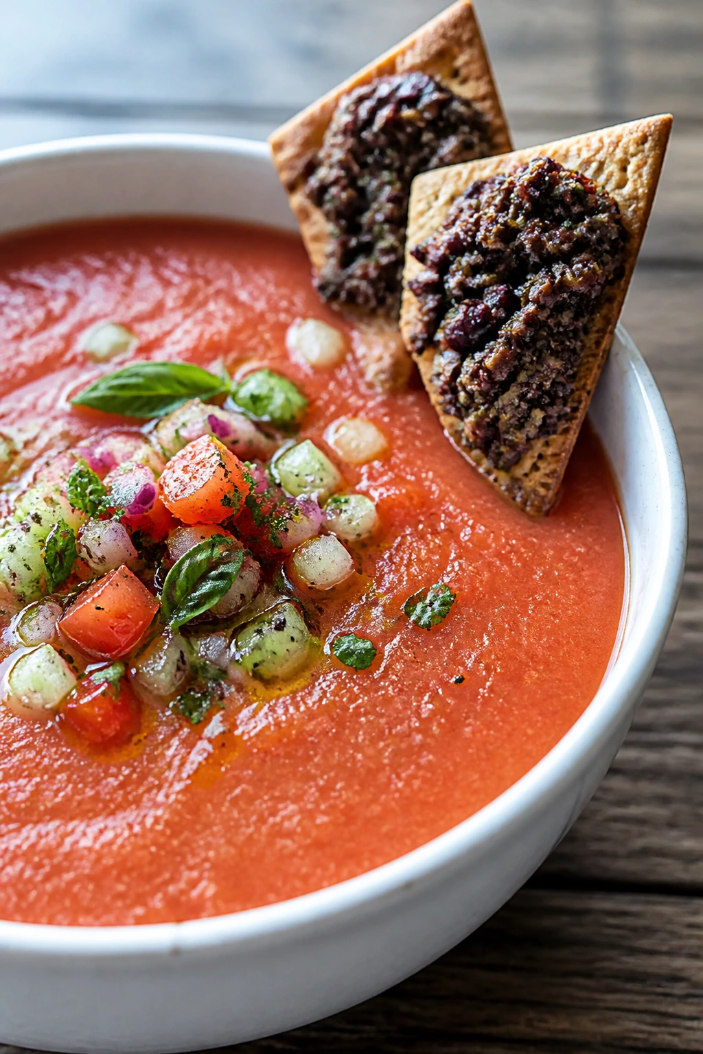Bowl of chilled gazpacho with tapenade crackers on a wooden table