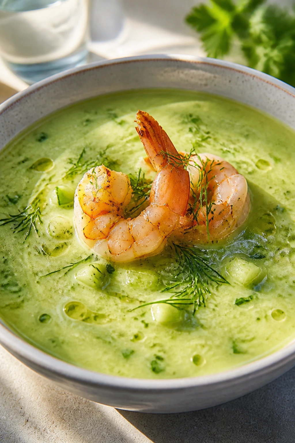 Chilled cucumber avocado gazpacho topped with shrimp on a sunny outdoor table.