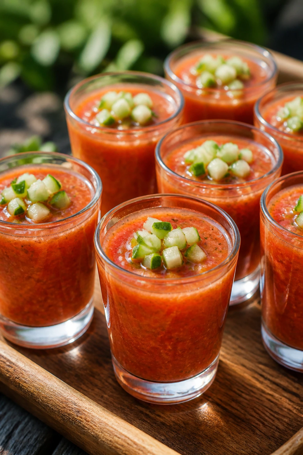 Gazpacho shooters in small cups for a picnic.