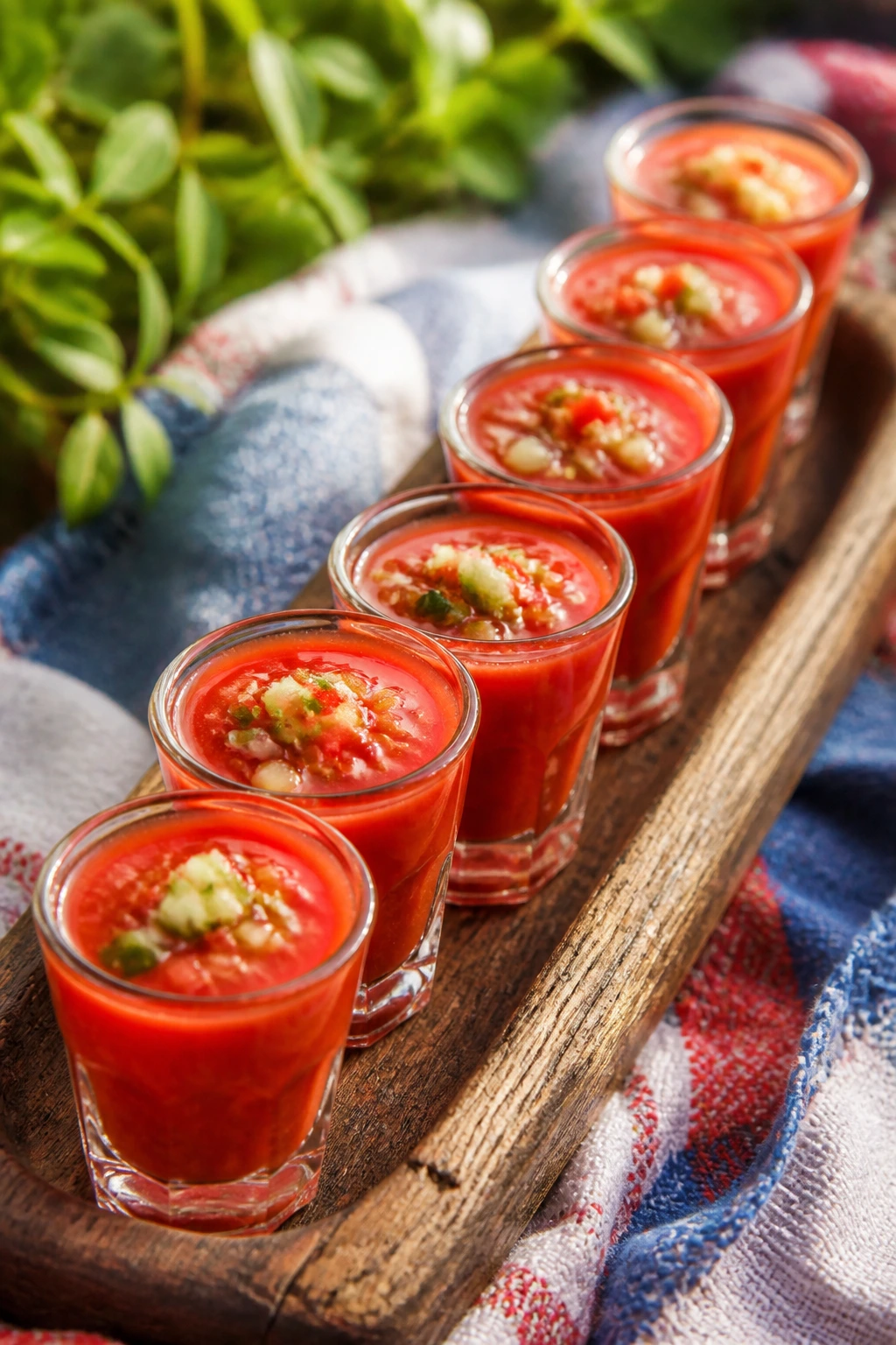 Row of gazpacho shooters in clear glasses on a wooden tray outdoors