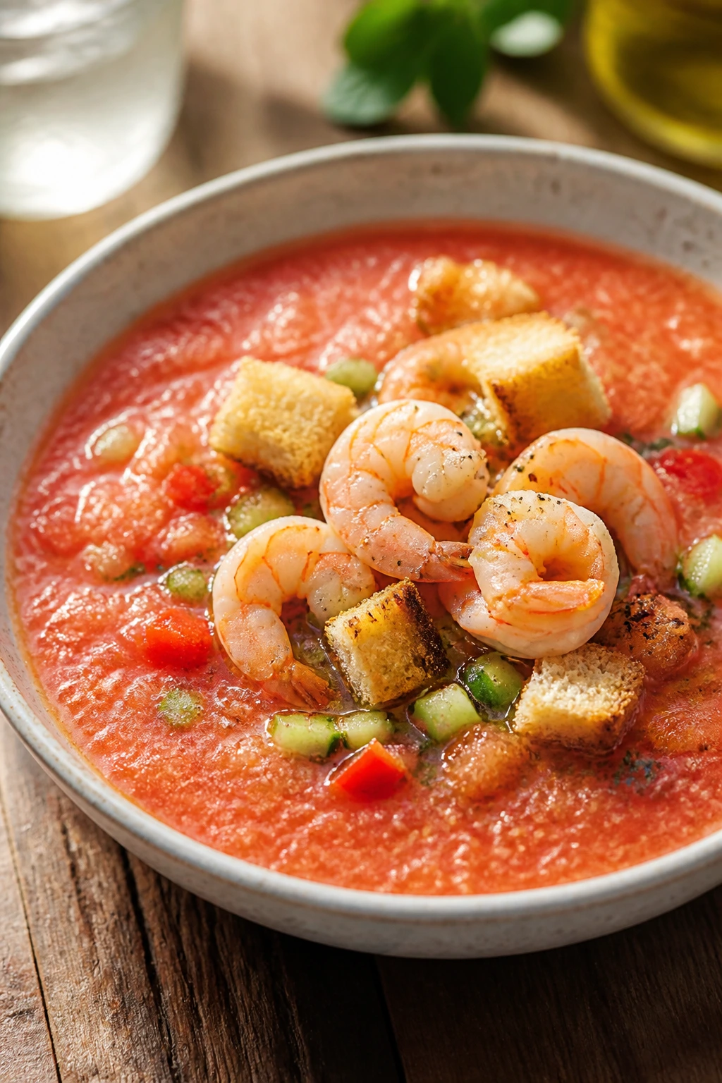 Bowl of gazpacho with shrimp and croutons on a rustic table