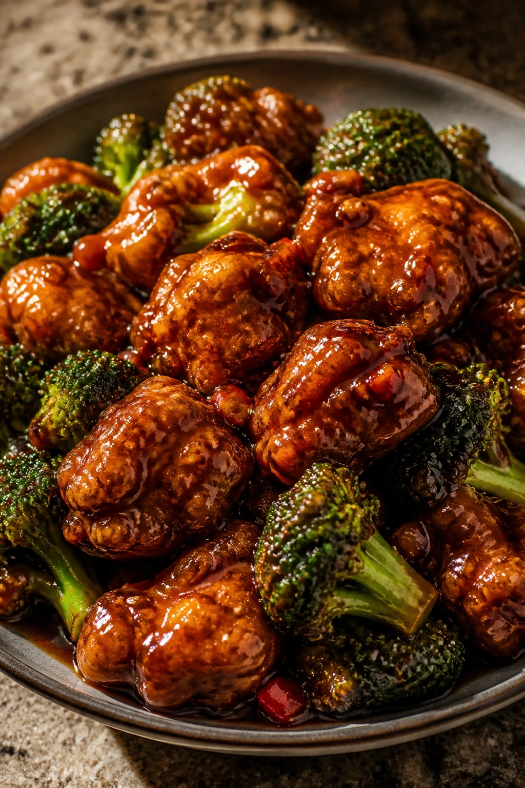 Bite-sized General Tso’s chicken in glossy sauce with broccoli