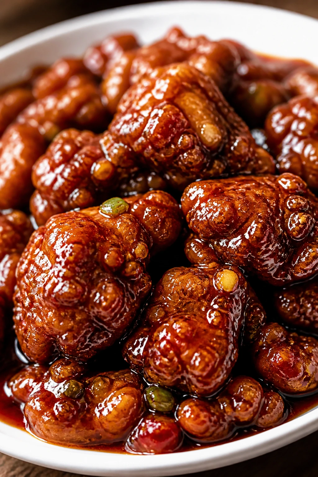 Close-up of General Tso’s chicken in sticky sauce on a plate