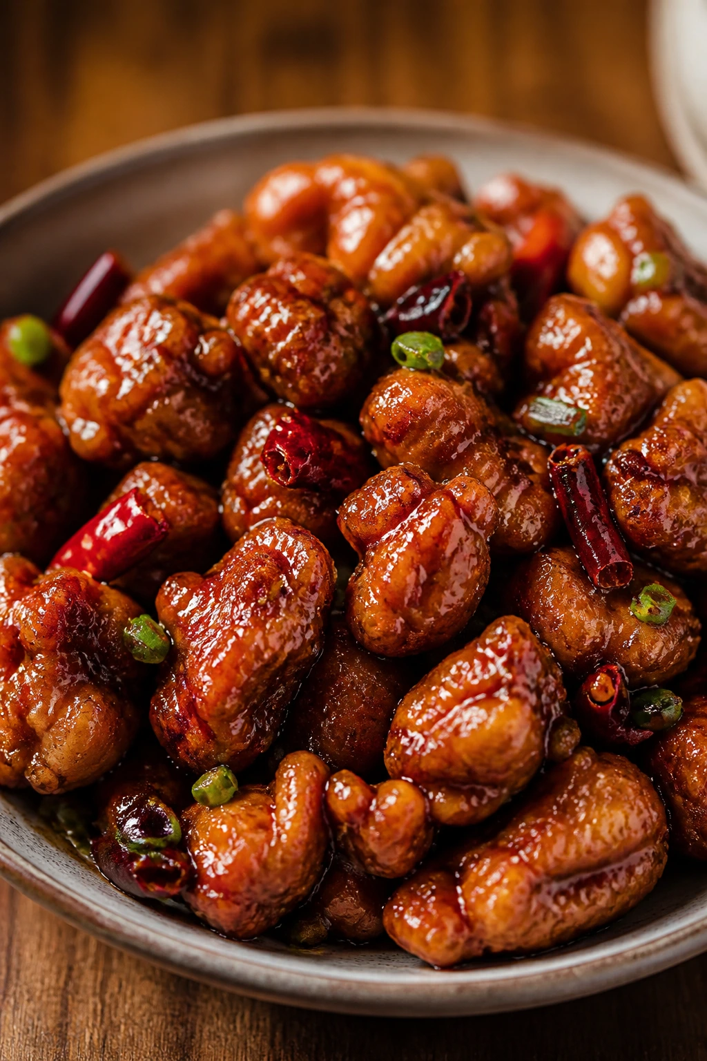 Crispy General Tso's chicken with glossy sauce on a plate