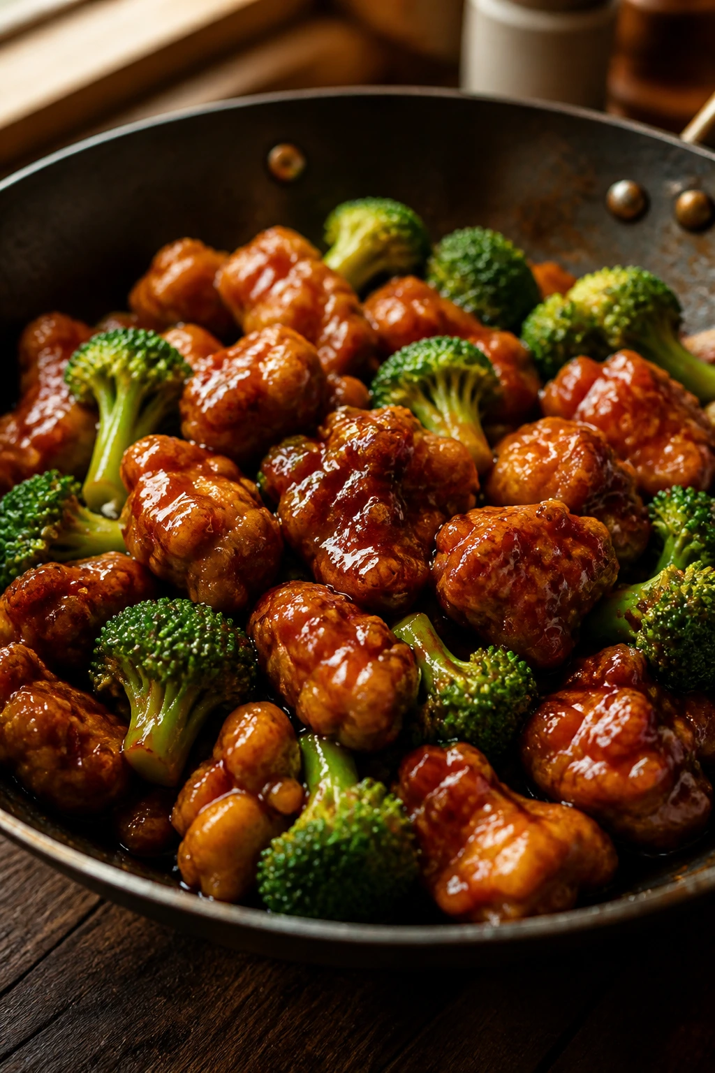 Close-up of General Tso’s chicken stir fry with broccoli in glossy sauce