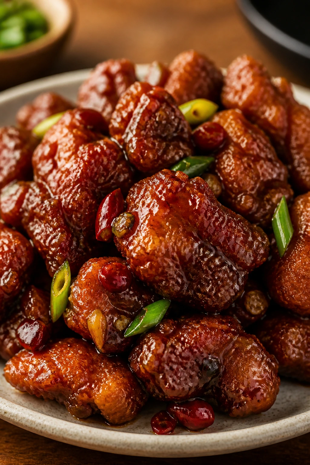Close-up of General Tso's chicken with crispy edges on a plate