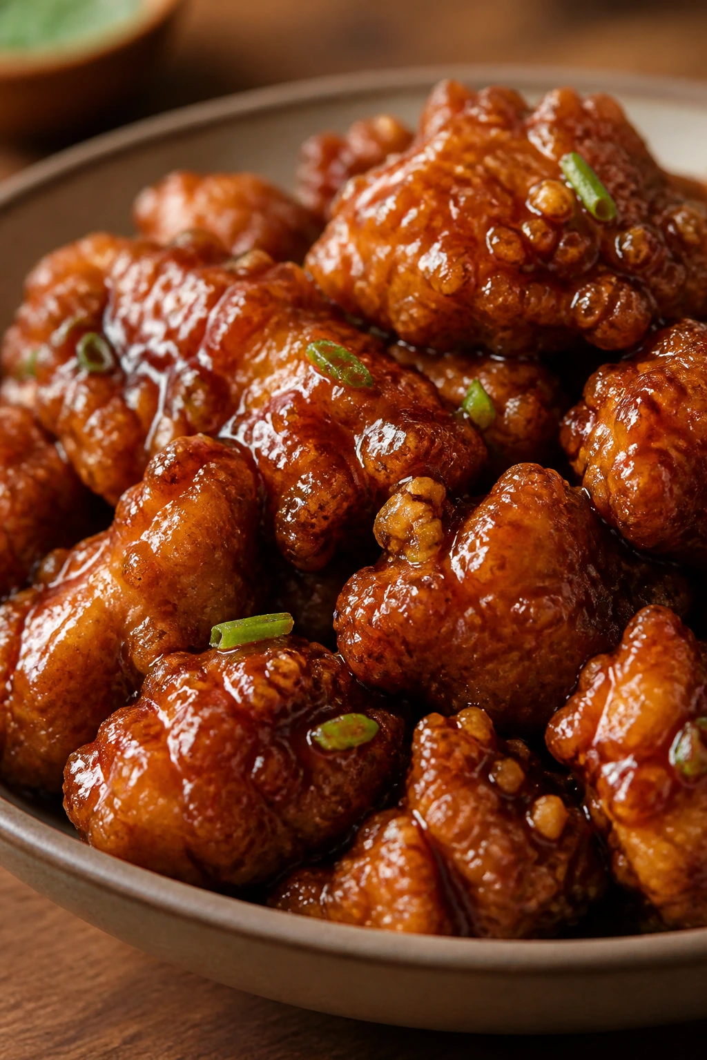 Crispy General Tso’s Chicken in glossy sauce on a plate