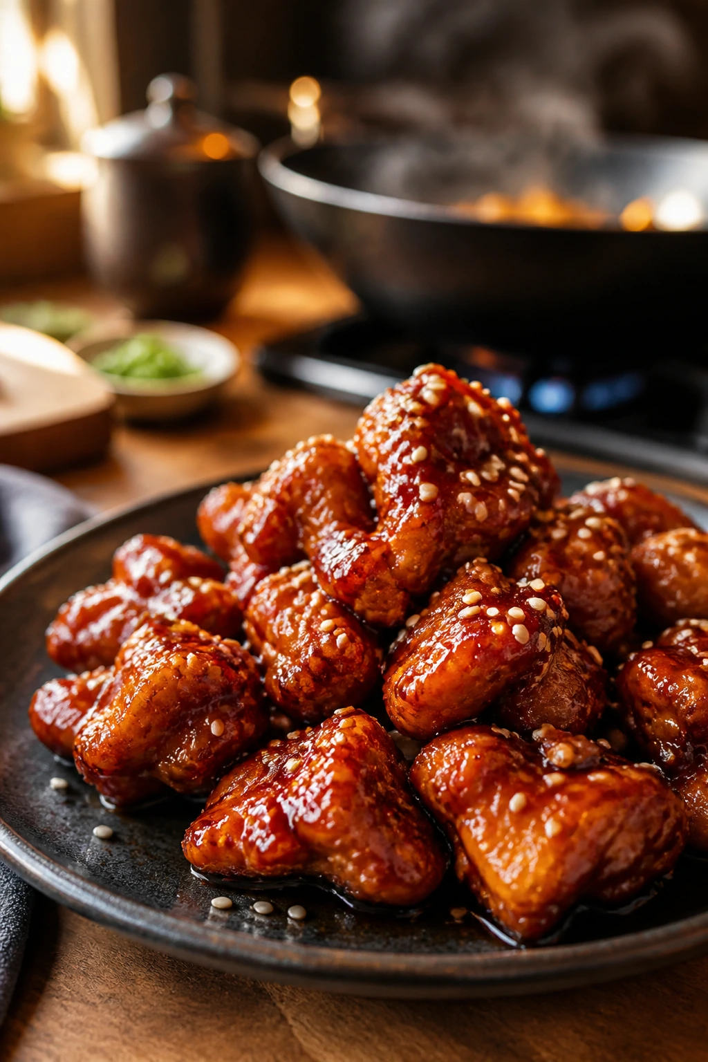 Close-up of General Tso’s Chicken crispy bites in glossy sauce on plate