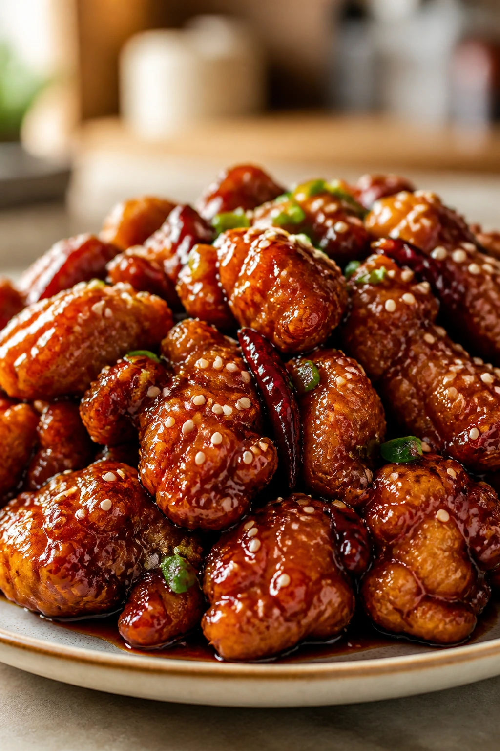 General Tso’s Chicken on plate with glossy lacquer