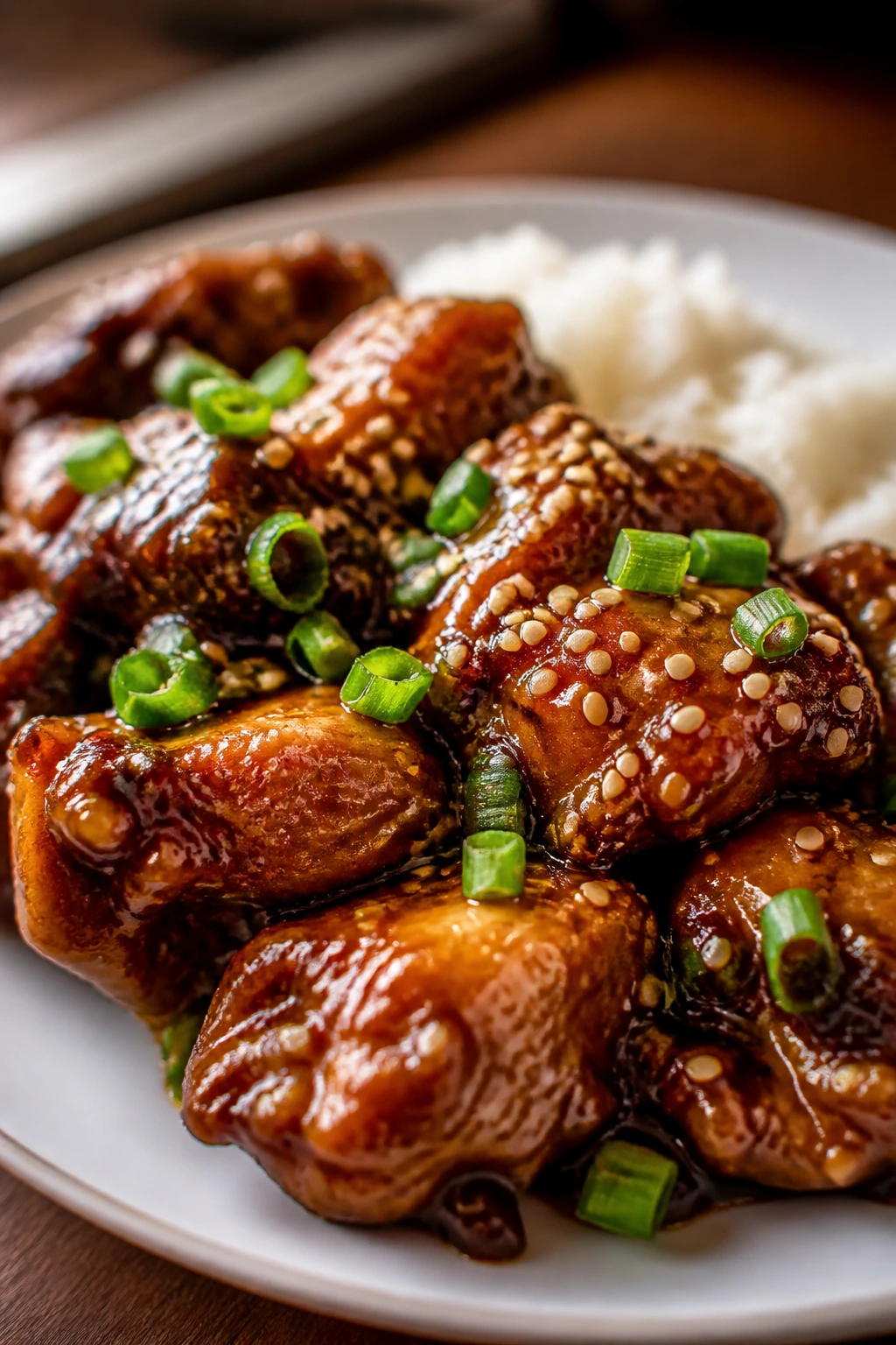 General Tso’s chicken in lacquered sauce on plate with sesame