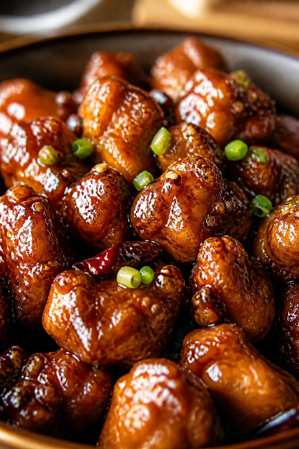 Glossy General Tso’s chicken with thick sauce
