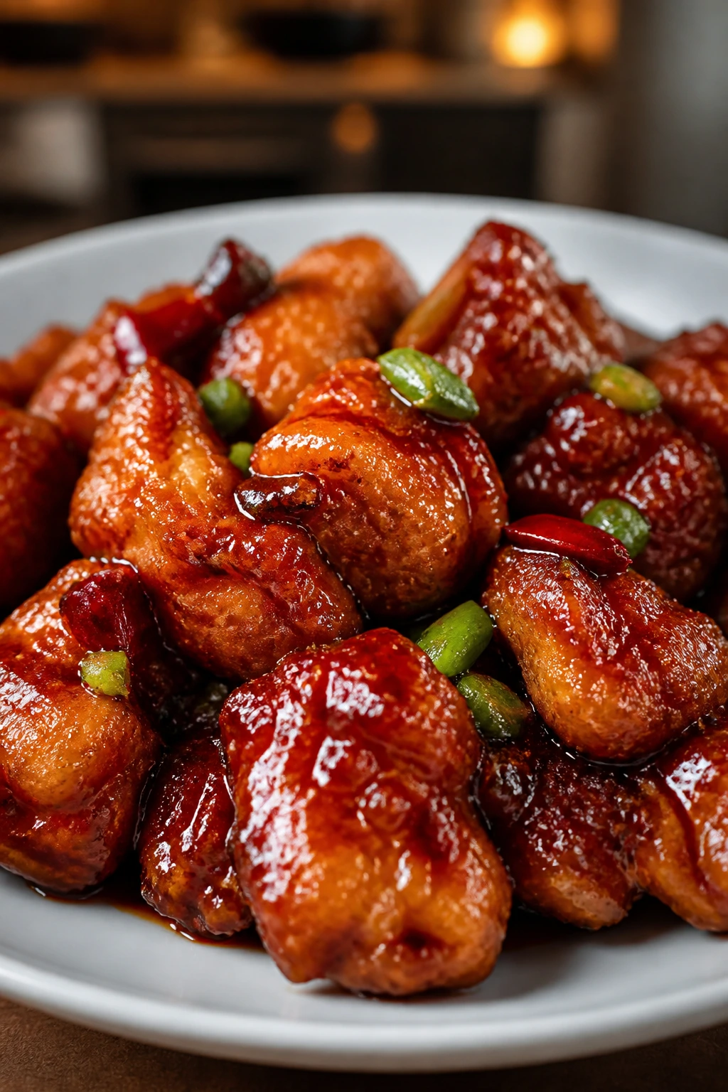 Glazed General Tso’s chicken on plate with glossy sauce