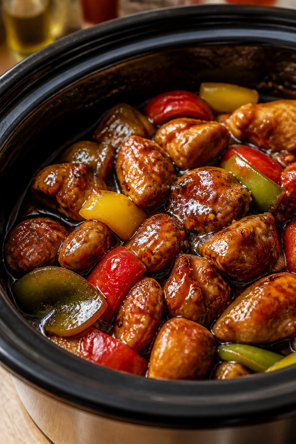 Close-up of General Tso’s chicken with bell peppers in glossy sauce