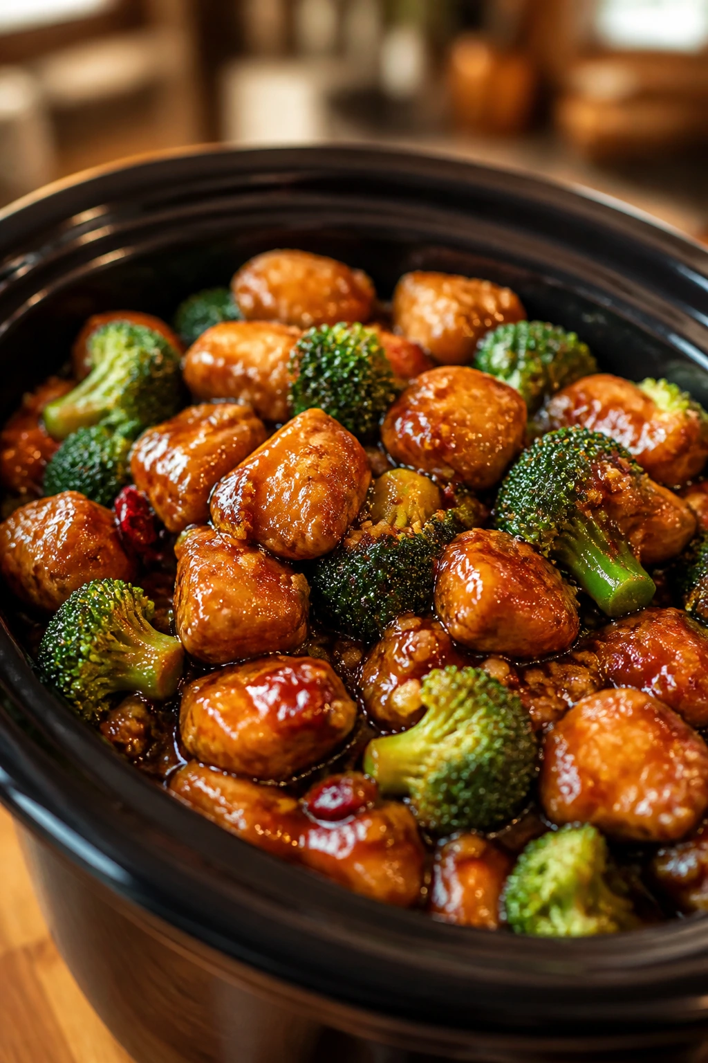 Glazed General Tso's chicken in a glossy sauce with broccoli on a plate