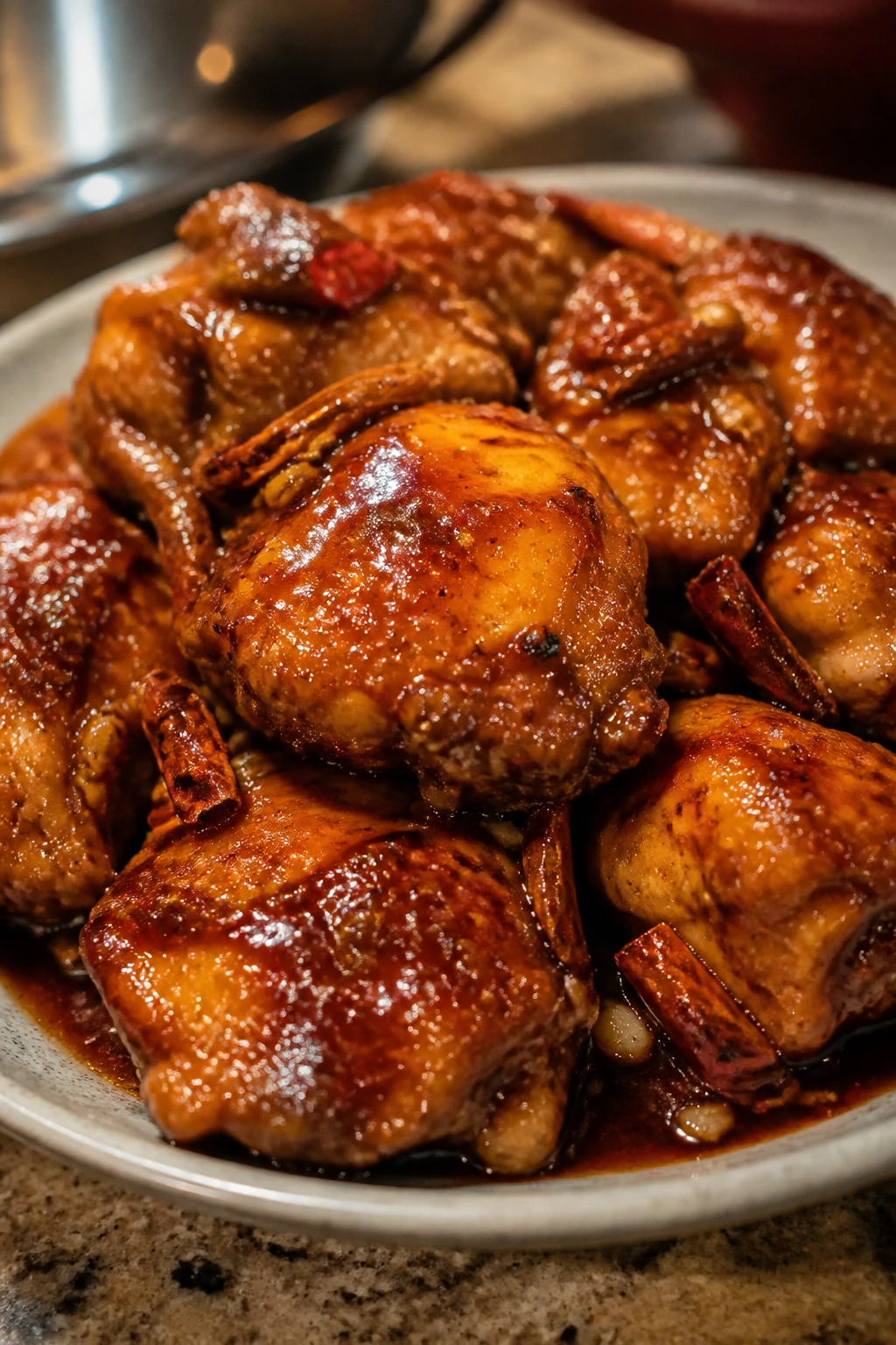 General Tso style chicken thighs with glossy glaze