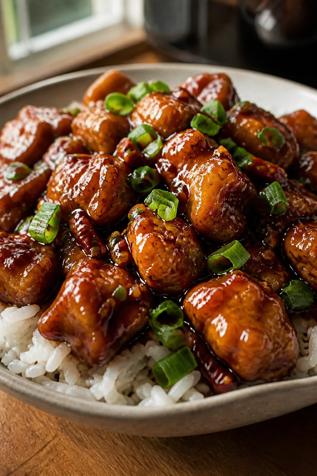 Glossy General Tso’s chicken pieces on a plate with lacquered sauce