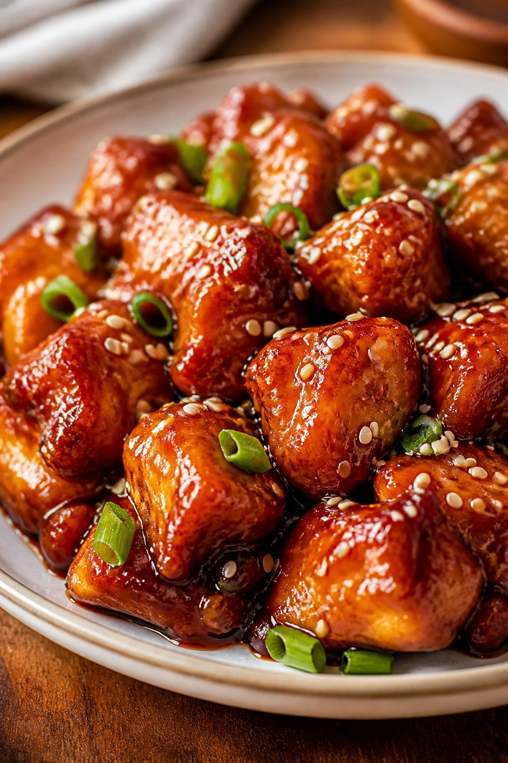 General Tso's chicken in glossy glaze on plate.