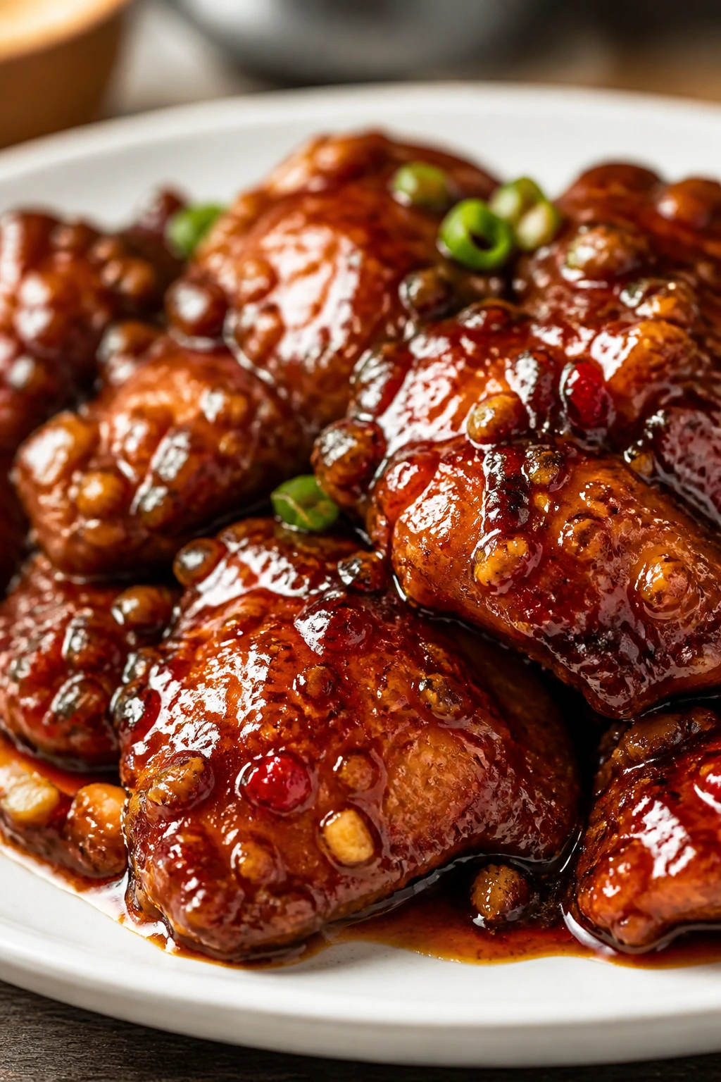 Close-up of General Tso chicken thighs in sticky garlic sauce on a plate.