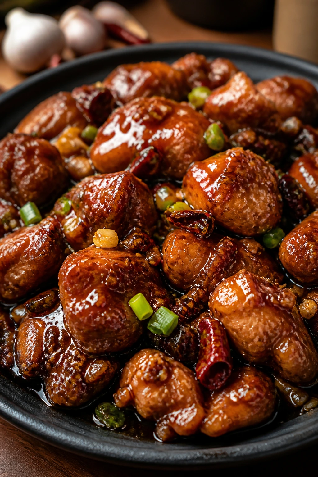 Close-up of General Tso’s Chicken Thighs in glossy sauce on a plate