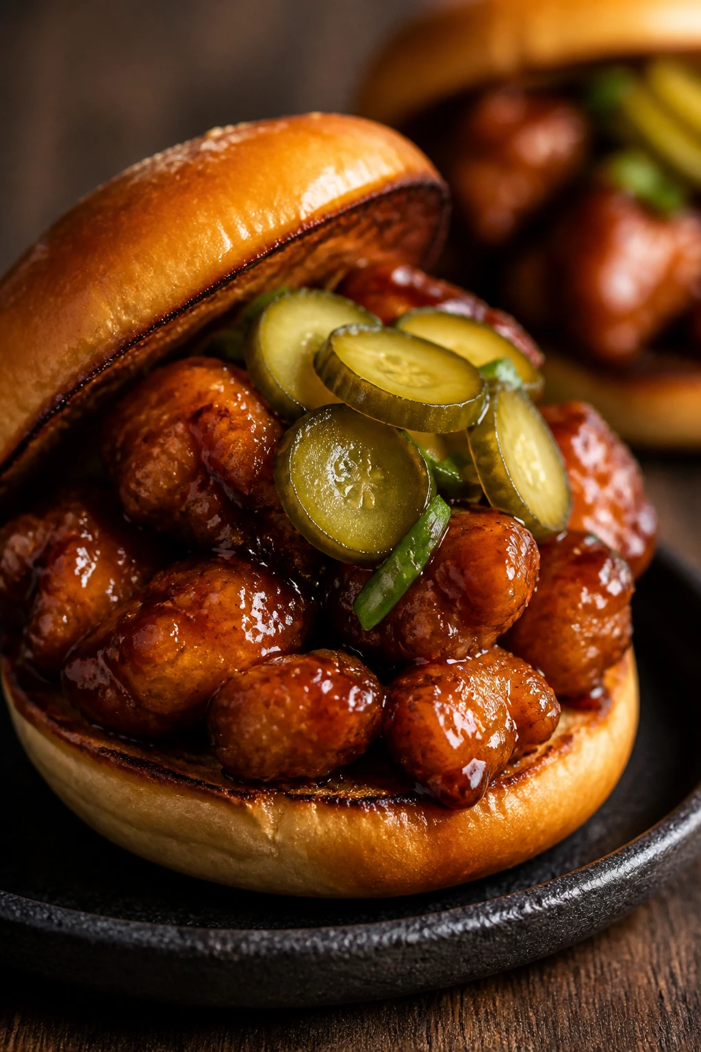 Close-up General Tso chicken slider with pickled cucumber on a rustic plate
