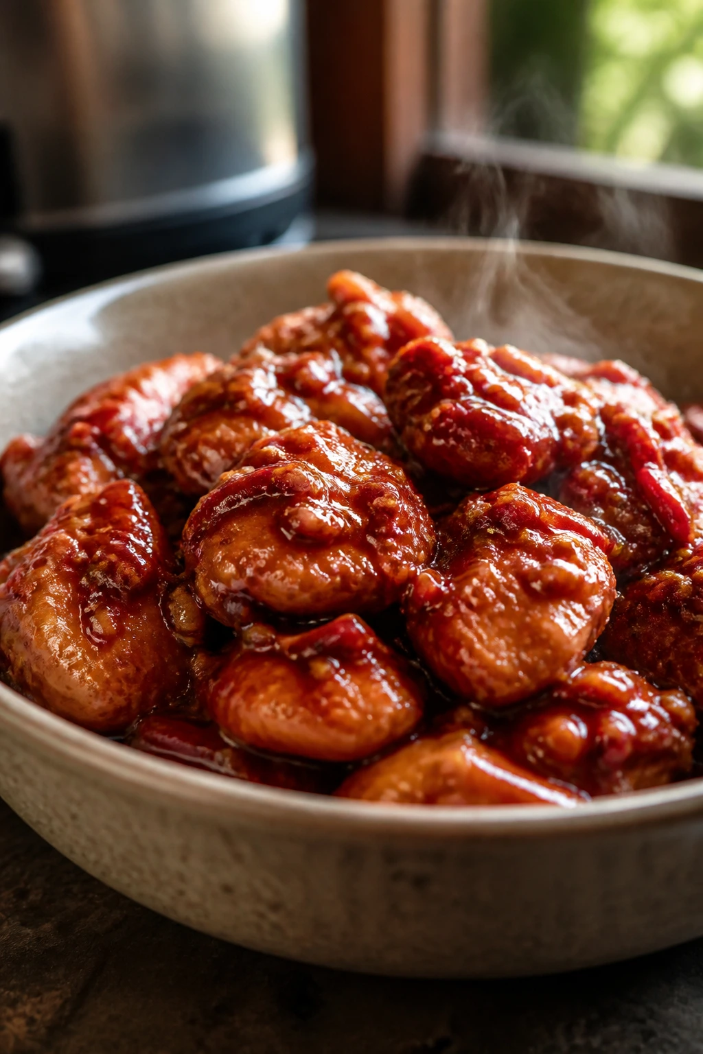 Tender chicken in glossy General Tso sauce in rustic bowl.
