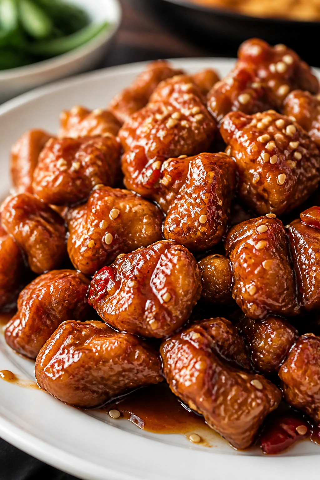 General Tso's chicken with sticky glaze on plate