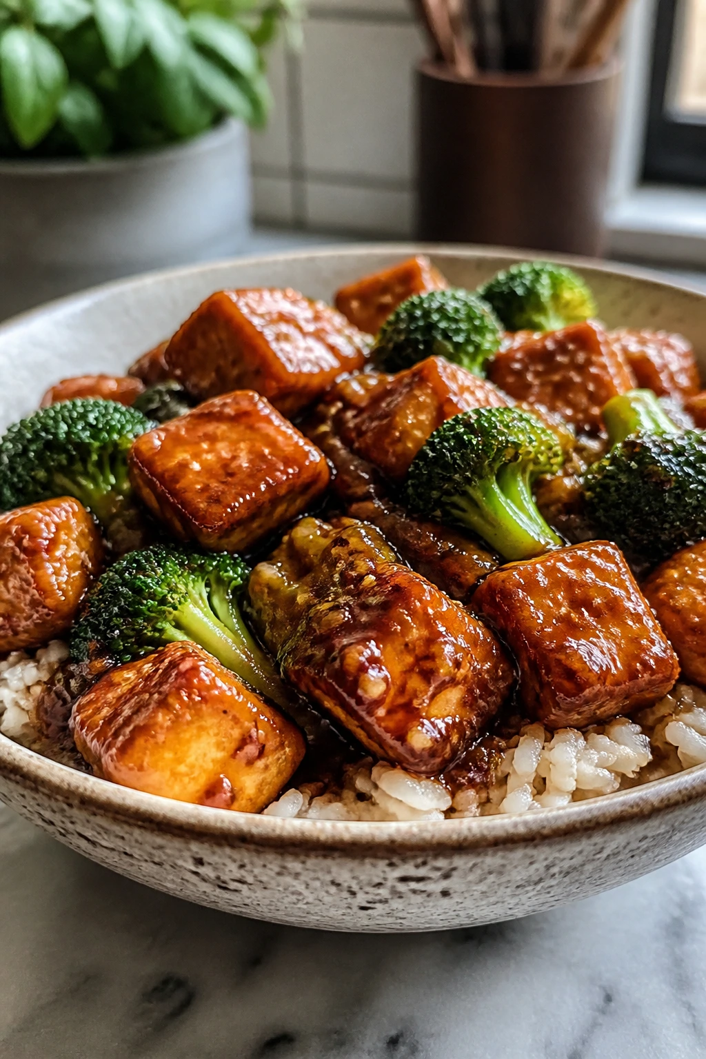 Close-up of General Tso’s tofu rice bowl with crispy tofu and broccoli.